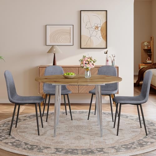 Image of FURNITO Modern Dining Table Set for 4, 42 inch-54 inch Extendable Round to Oval Dining Table, Kitchen & Dining Room Set with Wood Grain Top and 4 Fabric Upholstered Chairs, Space-Saving, Easy Assembly