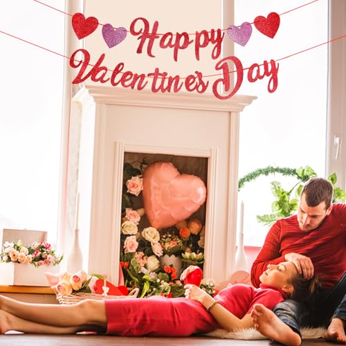 Image of Happy Valentine's Day Banner - Red Pink Glitter Valentine Banner Sign with Hearts Garland, NO DIY Required, Valentine's Day Outdoor Indoor Home Hanging Decorations