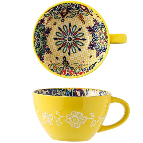 JINNTHE Yellow Ceramic Mug, Bohemian Hand-Painted, 15 Oz Large Coffee Cup for Milk, Tea, Breakfast, Dishwasher & Microwave Safe Cup
