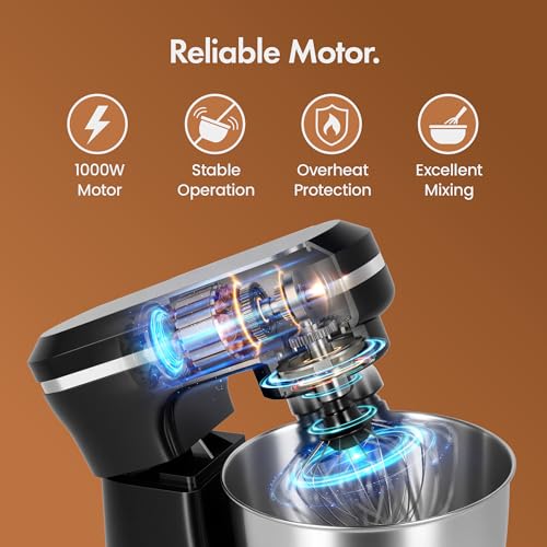 VonShef Black Stand Mixer 1000W - Electric Stand Mixers for Baking, 8 Speed Standing Food Mixer with Splash Guard, 4.5L Stainless Steel Mixing Bowl, Beater, Dough Hook & Balloon Whisk - Image 6