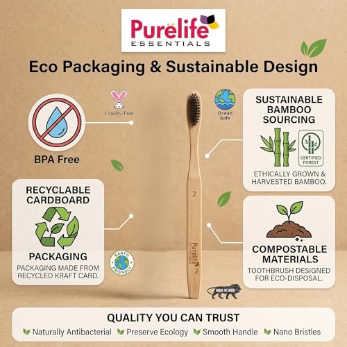 Image of Purelife Essentials Nano Bamboo Toothbrush | Ultra Soft Charcoal Infused Floss-Tip Bristles, BPA-Free, Sustainable Bamboo Handle, Eco-Friendly Packaging, Gentle Deep Cleaning for Sensitive Teeth & Gums for Unisex