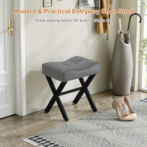 Image of Memobarco 18-Inch Leather Vanity Stool Chair, Vanity Bench with Metal X-Leg, Ottoman Accent Stool with Thick Padded Saddle Seat, Gray