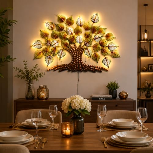 Image of Bharat Art Big Tree Metal Wall Art with LED Light | Handcrafted Iron Tree Wall Hanging for Living Room, Bedroom, Hall, Office | Pan Tree WD049 | Size: 36x2x24 Inch - WD049