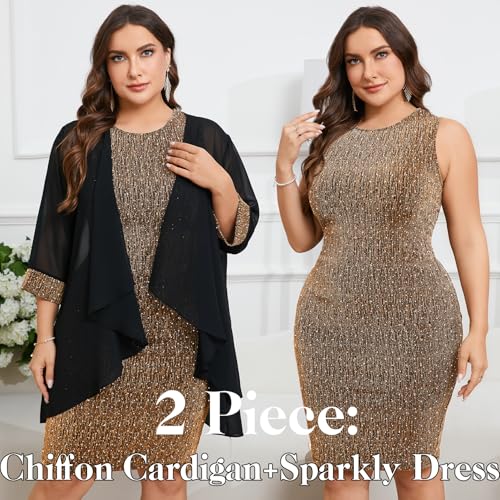 Image of ZOMVA Plus Size Sparkly Formal Dress Suit 2 Piece Mother of The Bride Groom Chiffon Jacket Outfit Cocktail Evening