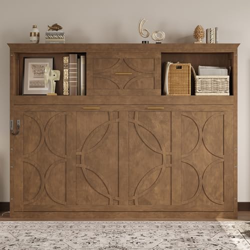 MERITLINE Twin Horizontal Murphy Bed with Storage Bookcase Shelves & Drawer and Charging...