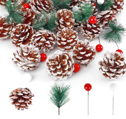 Anstore Lot de 115 pommes de pin naturelles de 4 à 8 cm avec aiguilles de pin et baies en vrac pour couronne, décorations de sapin de Noël, décoration d'hiver à faire soi-même