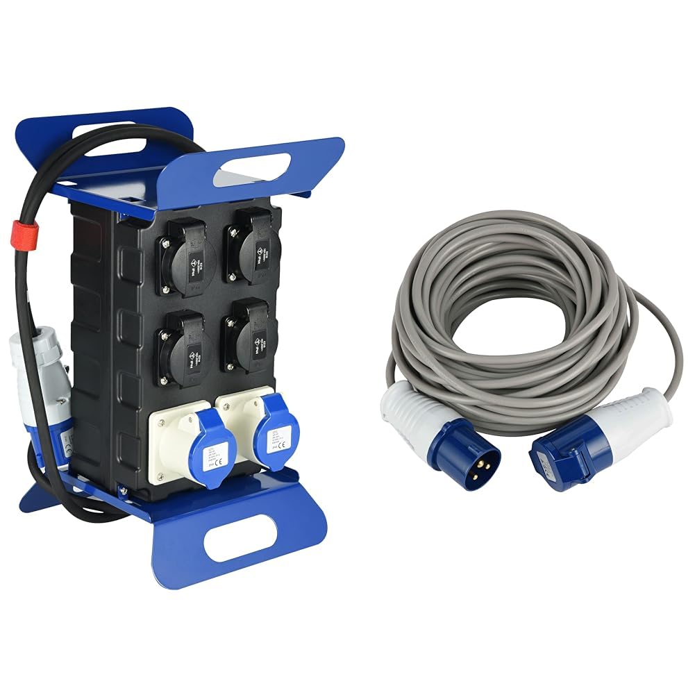 Electraline 60429 Quadro Elettrico di Distribuzione 4 prese Schuko, 2 Prese Industriali CEE & 46147 Prolunga 10 mt Presa Industriale IEC Spina a 3 Poli Adatta per Camper, Campeggio