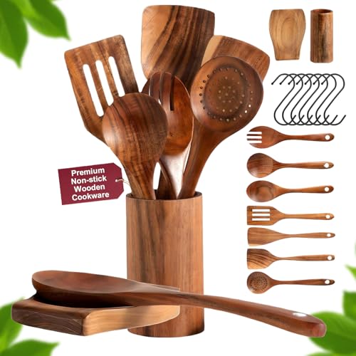 Caossuixin Kochutensilien Set, 9 Stück Kochlöffel Set Holz mit Häkchen, Holzutensilien zum Kochen aus Teakholz, HolzKochutensilien, Holzspatel zum Kochen, Pfannenwender, Suppenkelle, Küchenhelfer Set
