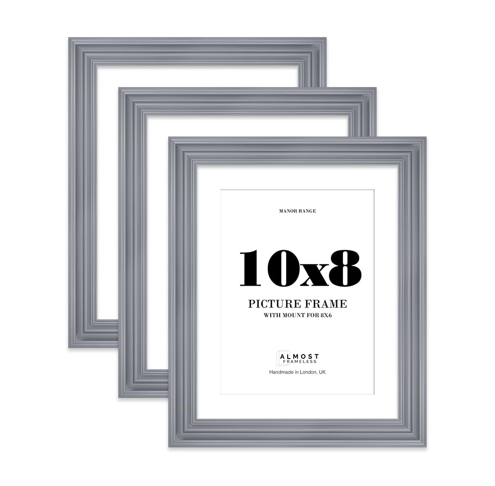 10x8" Grey Picture Frame - 10x8" Frame with 8x6" Mount for 10x8"/8x6" Pictures Vintage Style Ideal for Home Gallery Display, 3 Pack