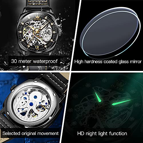Image of OUPINKE Mens Watches Automatic Skeleton Mechanical Watches for Men Self Winding Luxury Fashion Leather Strap Steampunk Style Luminous Waterproof Men Wrist Watches