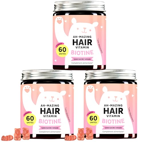 Gummies Biotine Ah-mazing Hair Pack de 3– Vitamines pour les Cheveux, la Peau et les Ongles – 5000 µg de Biotine, Zinc, Vitamines C, E – 180 Unités (6 Mois), Vegan, Sans Sucre, Bears with Benefits