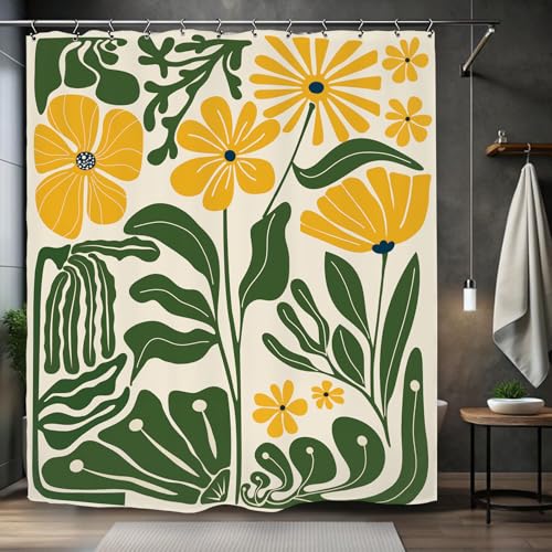 Kalmico Yellow Green Matisse Flower Shower Curtain 60Wx72L Inch Abstract Retro Aesthetic Minimalist Vintage Art 70s Trendy Modern Bathroom Set Accessories Decor with 12 Pack Hooks