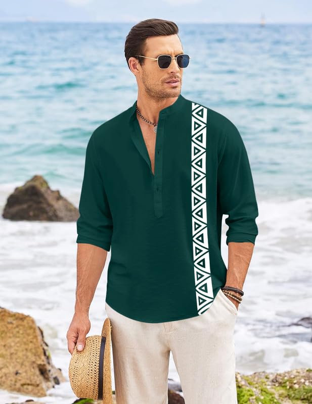 Image of FINIVO FASHION Men's Short Kurta with Printed Geometric Side Panel | Cotton Blend Full Sleeve Ethnic Topwear with Mandarin Collar | Stylish Indo-Fusion Kurta for Daily, Festive, or Casual Wear