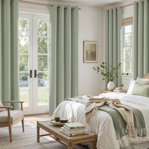 Image of HOMEIDEAS 100% Blackout Sage Green Linen Curtains 52W x 63L 2 Panels