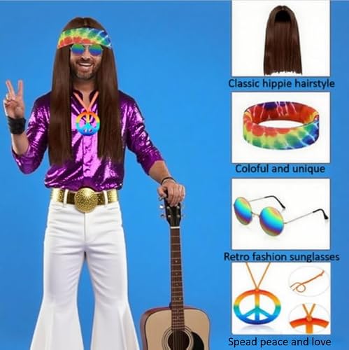 Feithmonic 4 szt. Peruka hippisowska, dla kobiet i mężczyzn, na lata 80-te, 70/60, peruka do disco z okularami, naszyjnik pokojowy, opaska na głowę, tie-dye, kostium na cosplay, karnawał, Halloween