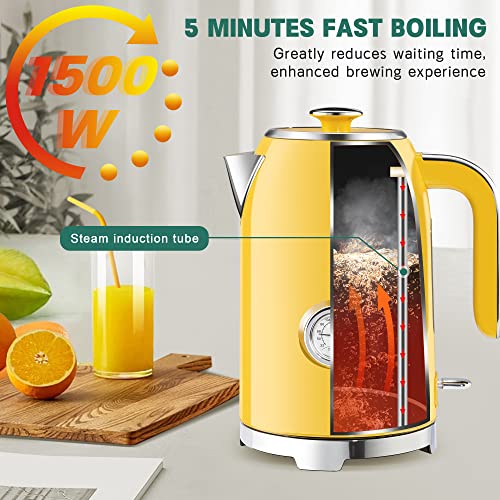 Image of SUSTEAS Electric Kettle - 57oz Hot Tea Kettle Water Boiler with Thermometer, 1500W Fast Heating Stainless Steel Tea Pot, Cordless with LED Indicator, Auto Shut-Off & Boil Dry Protection, Retro Yellow