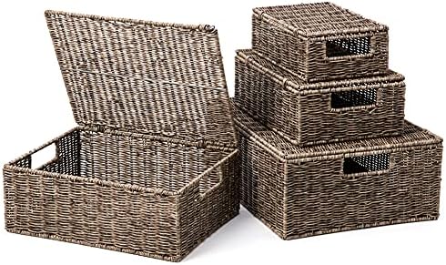 EZOWare Set of 4 Resin Woven Baskets with Lid, Decorative Shelf Organiser Container Bin Storage Organizer Bin with Handles - 4 Sizes, Natural Grey