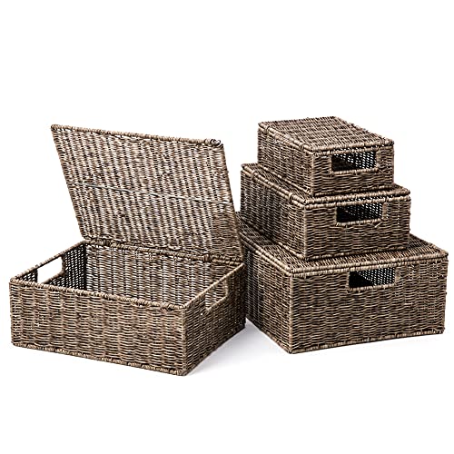 Ezoware Set Of 4 Pp Resin Woven Baskets With Lid, Lidded Decorative Storage Organizer Bins With Handles - Natural Gray #TOP1