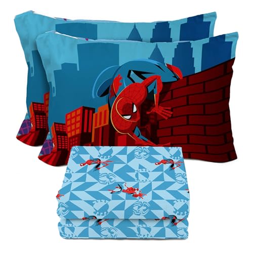Image of Sunny Side Up Kids Sheet Set Includes Sheets and Pillow Cover - 100% Microfiber Bedding and Room Decor, Blue - Spiderman, 4 Piece Full