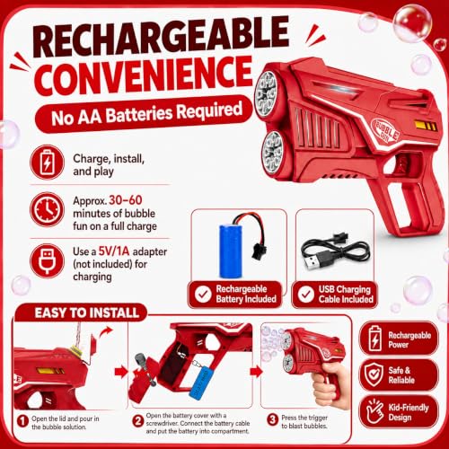 VORBLIX Bubble Gun for Kids 3-8 with LED Lights, Leak-Proof, 16-Hole, Red - image 4