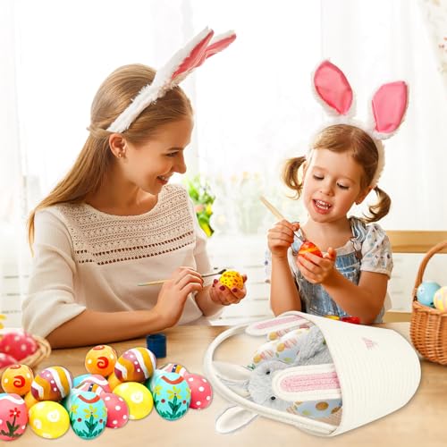 Image of Easter Basket for kids Empty Bunny Egg Baskets With Handle And Ears Easter Gifts Cute Woven Basket (pink)
