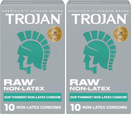 Image of Trojan Raw Non-Latex Lubricated Thin Condoms for Men, America's Thinnest Latex-Free Condoms, Pure Feel Technology, Made from Polyurethane, Helps Reduce Risk of Pregnancy and STIs, 10 Count (Pack of 2)
