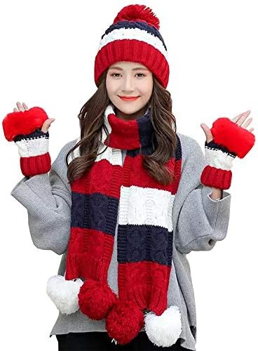 Thermal Winter Warm Knitted Beanie Hat for Women, Windproof Fleece Soft Knit Hat Gloves Scarfs 3 Set for Travel/Hiking/Camping/Fishing/Cycling