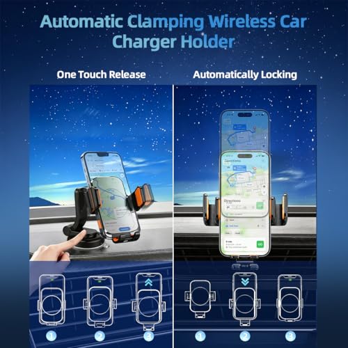 Image of Car Phone Holder Mount, Wireless Car Charger with Auto Clamping, Dashboard Phone Mount and Windshield Holder, Extendable 360 Degree Arm, Washable Gel Suction Cup, Fits Most Smartphones