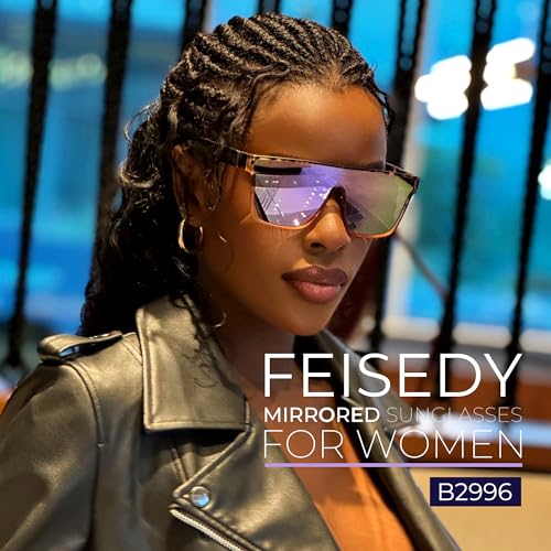 Image of FEISEDY Sunglasses for Women Men, Fashion Mirrored Single Lens Shades | 80s Rave Neon Oversized Sun Glasses, Driving Beach UV400 Sunnies B2996