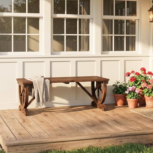 Image of VINGLI Rustic Wooden Wheel Bench Outdoor Bench, Patio Bench Wagon Slatted Seat, Garden Benches for Outdoors 350lbs High Capacity, Weather Resistance (Rustic, 38in)