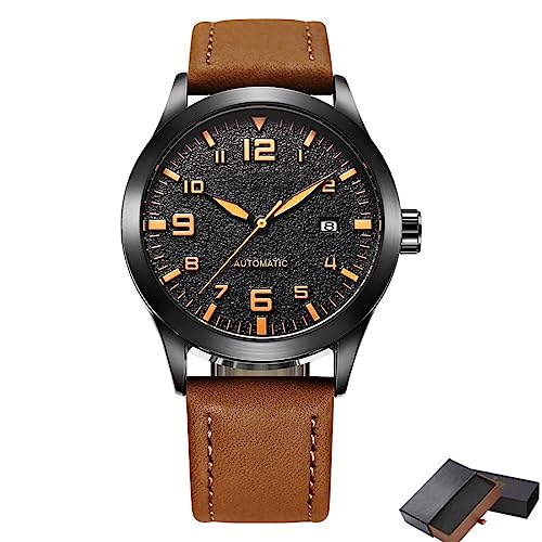 Tri-Aroute Mechanische Uhrwerk Automatikuhr mit Lederarmband Klassische Herrenuhr Analoge Automatikuhr mit Textilarmband,Braun