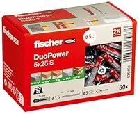 fischer DuoPower 5 x 25 S, Universaldübel mit Sicherheitsschraube, 2-Komponenten-Dübel, Kunststoffdübel zur Befestigung in Beton, Ziegeln, Stein, Gipskarton uvm., 50 Dübel + 50 Schrauben