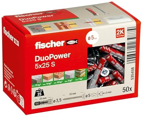 fischer DuoPower Uniwersalne kołki rozporowe ze śrubą zabezpieczającą, 2-komponentowe, kołki z tworzywa sztucznego do mocowania w betonie, cegle, kamieniu, płycie gipsowo-kartonowej i wielu innych, 50