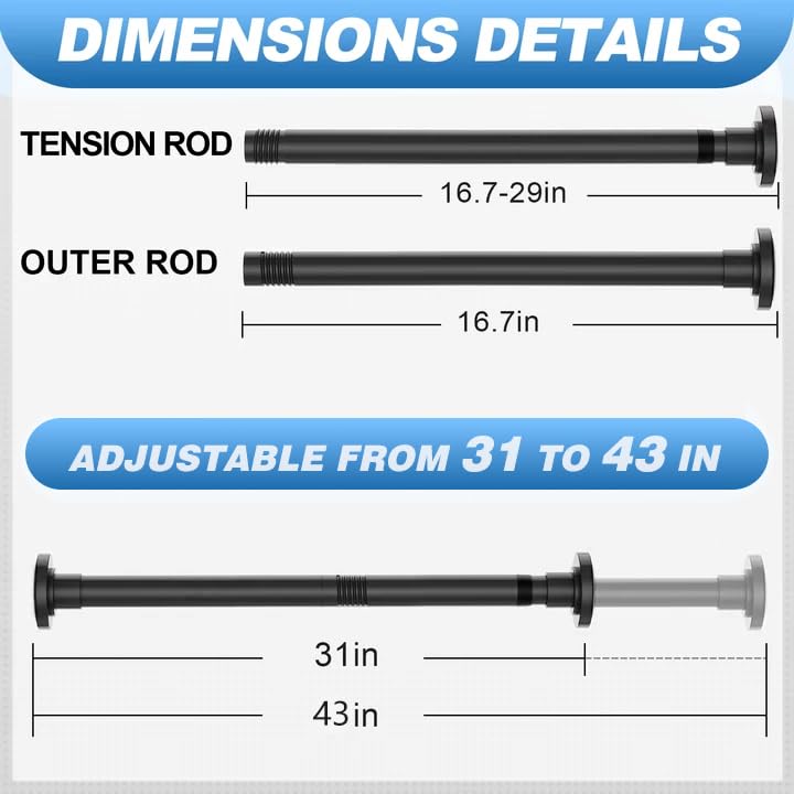 Image of CorkLatta Black Shower Curtain Rod 32 to 43 Inch,1 Inch Diameter Adjustable Spring Tension Stainless Steel Telescoping Rod,Easy Install,No Rust