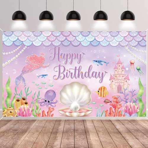 Mermaid Happy Birthday Banner - Purple Under The Sea Backdrop For Girls' Ocean Theme Party (6x3.6 Ft) - View #6