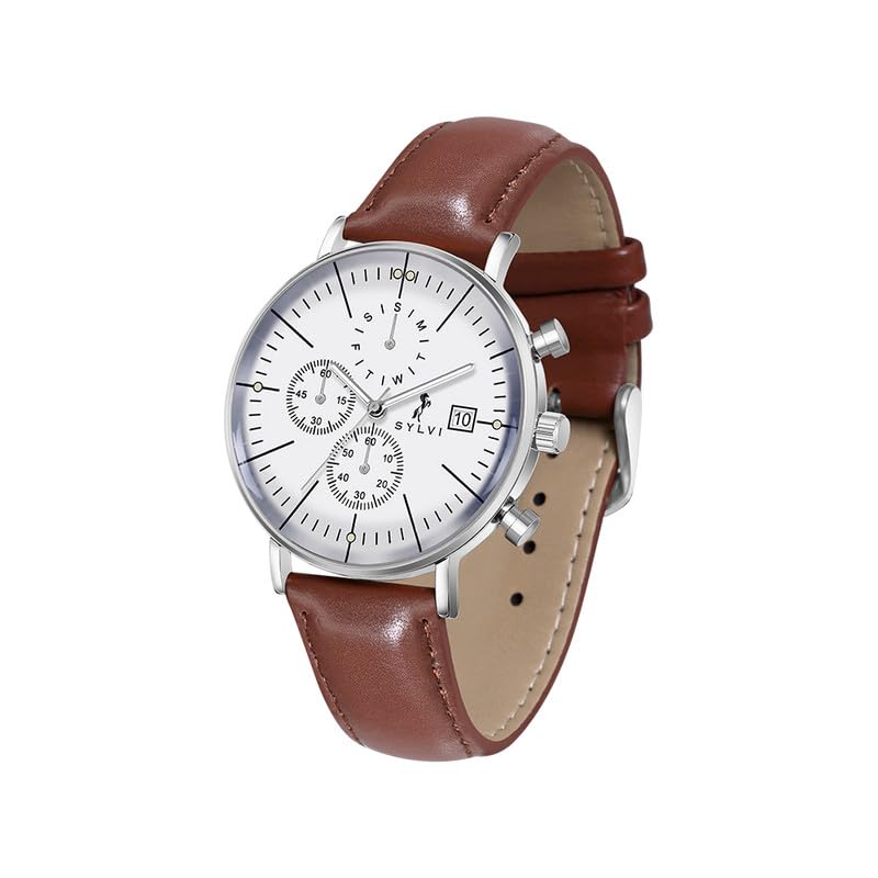 Image of Sylvi Gazedoom SilverBrew Men's Analog Watch - Leather Strap, Glossy White Dial, 3 ATM Water Resistant