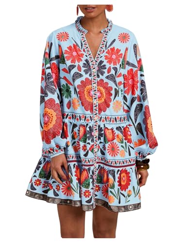 SOLY HUX Women's Floral Print Summer Short Dresses Boho Beach Long Sleeve Button Down Flowy Smock Dress