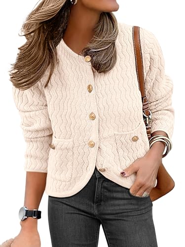Caracilia Women's 2025 Fall Cardigan Sweaters Knitted Dressy Casual Jackets Trendy Outfits Cream Beige L