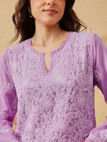 Image of Ada Women's Georgette Regular Fit Chikankari Hand Embroidered Lucknow Short Kurti Top A911224