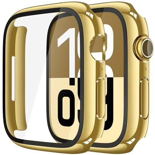 Misxi 2 Pack Tempered Glass Case Compatible for Apple Watch Series 11 (2025) Series 10 42mm Hard PC Screen Protector Overall Protection Scratch-Resistant Cover for iWatch 1 Gold + 1 Transparent