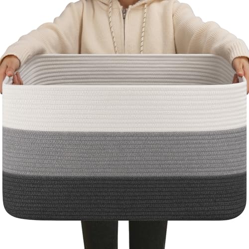 Image of OIAHOMY Large Blanket Basket For Living Room, Rectangle Woven Baskets for Storage, Nursery Toy Storage With Handle-22 inchx17 inchx12 inch-Gradient Dark Grey