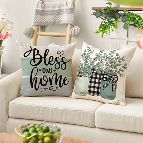 Avoin Colorlife Home Sweet Home Eucalyptus Lamb Ear Wreath Throw Pillow Covers, 18 X 18 Inch Bless Our Home Buffalo Plaid Cushion Case For Sofa Couch Set Of 4 #TOP3