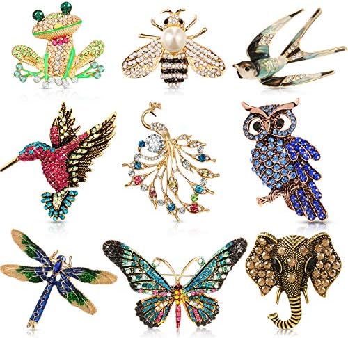 9 Pcs Animal Brooch Pins Set Women Vintage Crystal Enamel Pin Rhinestone Butterfly Owl Elephant Dragonfly Peacock Retro Insect Shape Pins Jewelry for Girls Christmas Mother's Day Xmas Gift