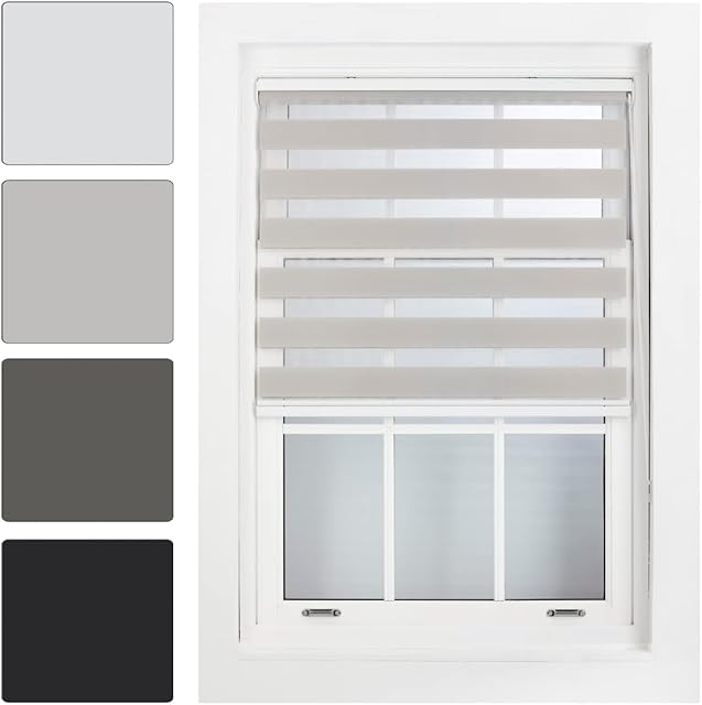 Furnished Day and Night Roller Blinds - Zebra Blind Dim or Translucent Vision Roller Shades for Windows and Doors - Dual Layer Fabric, Grey, 60cm x 210cm