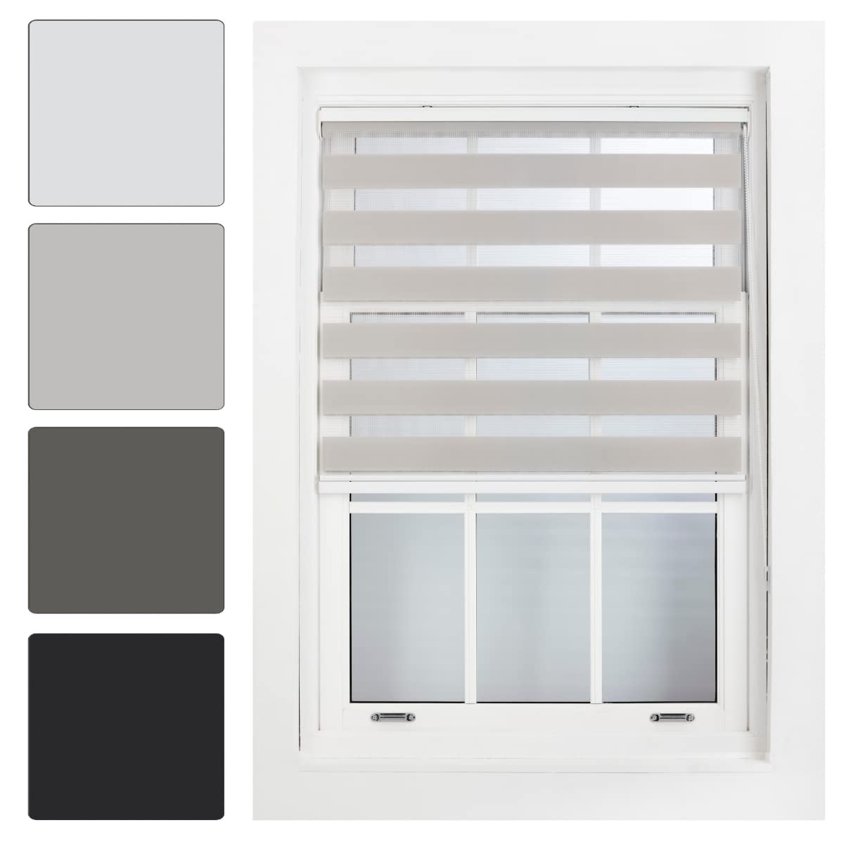 FURNISHEDDay and Night Roller Blinds - Zebra Blind Dim or Translucent Vision Roller Shades for Windows and Doors - Dual Layer Fabric, Grey, 60W x 210H cm