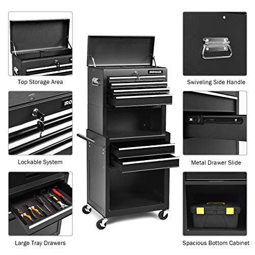 Goplus 6-Drawer Rolling Tool Chest w/Riser, 3 in 1 Rolling Tool Box w/Keyed Locking System, Detachable Top Box, Side Handle, Toolbox Organizer for Workshop Garage