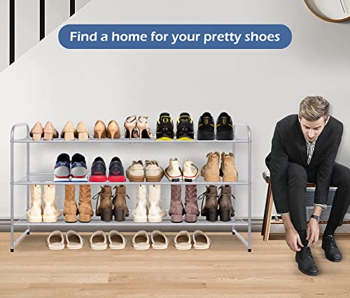 Image of KEETDY 3-Tier Long Shoe Rack for Closet Metal Shoe Organizer for Entryway, Wide Stackable Shoe Storage Shelf with Sturdy Wire Grid for Closet Floor, Bedroom, Grey