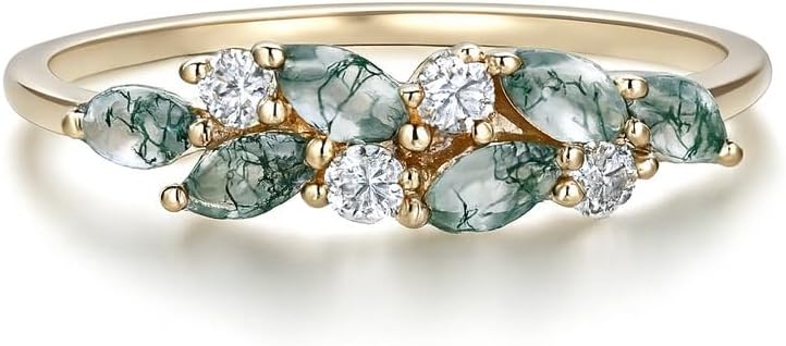 Moss Agate Leaf Wedding Band for Women 14K Rose Gold Plated Sterling Silver Dainty Branch Ring Diamond Accent Nature Inspired Stacking Eternity Promise Band Minimalist Valentine’s Day Gift Jewelry