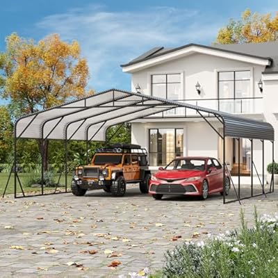 PeakPursuit Metal Carport, 20x20 FT Outdoor Car Port Canopy with Galvanized Steel Roof and Reinforced Base, Heavy Duty Garage Car Shelter Shade for SUV, Truck, Boats