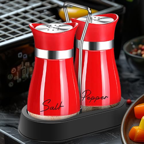 2pcs Salt and Pepper Shakers, 4 oz Kitchen Salt Pepper Containers with Glass Bottom for Cooking, BBQ, Bar, Table, RV, Camp(Red)